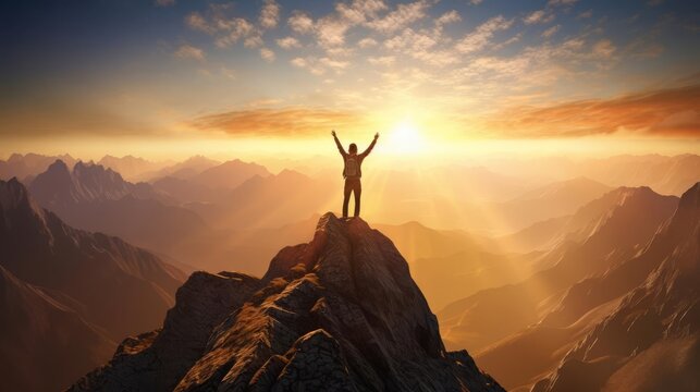 a person standing on a mountaintop with their arms raised in the air