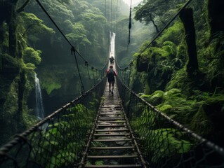 Obraz premium a person walking on a suspension bridge in a lush green jungle