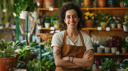Plant shop owner enjoys sunny day