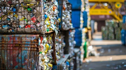 Naklejka premium Sorted garbage packed in large bales at the sorting warehouse of the waste processing plant. Ecological contribution to nature. The problem of ecology, waste recycling, waste disposal, reusable use.