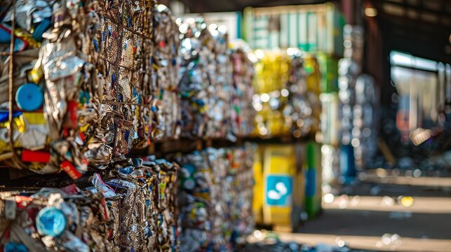 Sorted garbage packed in large bales at the sorting warehouse of the waste processing plant. Ecological contribution to nature.  The problem of ecology, waste recycling, waste disposal, reusable use.