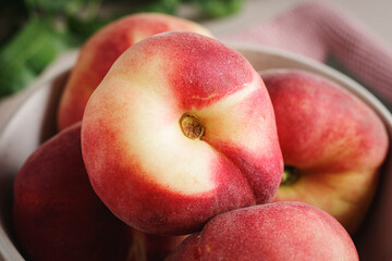 Detail of peach: italian name is 'Pesca tabacchiera'. Fron view.