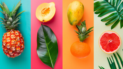 Four of tropical fruits and leaves on colorful background