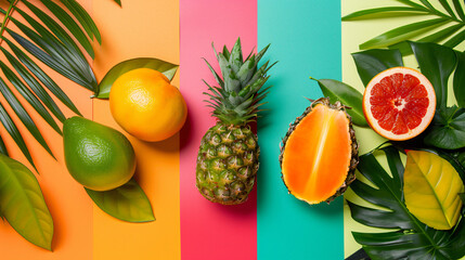 Four of tropical fruits and leaves on colorful background
