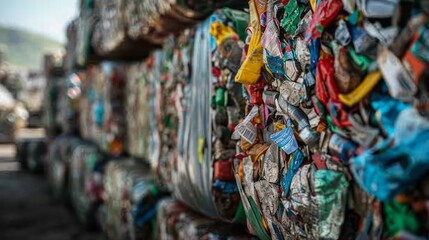 Sorted garbage packed in large bales at the sorting warehouse of the waste processing plant. Ecological contribution to nature.  The problem of ecology, waste recycling, waste disposal, reusable use.