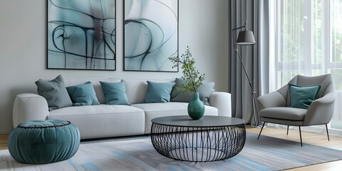 Closeup of stylish coffee table in modern living room decor. Concept Modern Decor, Stylish Furniture, Living Room Design, Closeup Photography, Interior Aesthetics