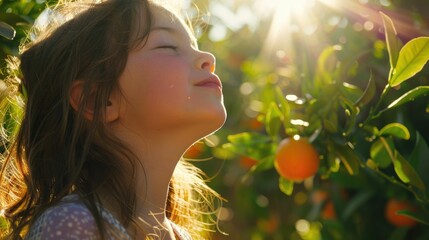 A young girl intimately engaging with the scent of a fresh citrus fruit in a sunlit grove. A young girl inhales the fresh scent of an orange amidst the warm glow of a citrus grove at sunset. AIG50