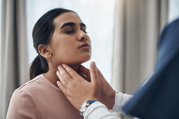Woman, doctor and check with hands on throat, feeling and thyroid issue or glands in healthcare appointment. Clinic, hospital exam and patient for wellness, infection and diagnosis with professional