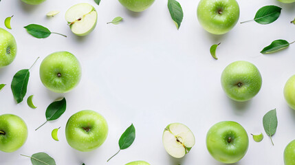 Frame made of fresh green apples on white background -