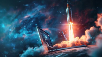 A Rocket flying out from laptop computer screen on space background. Purple