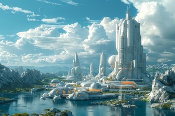 Futuristic cityscape with tall white buildings and advanced structures. Clear blue sky with clouds. Mountains and water bodies in background. Concept of innovative urban planning and technology.