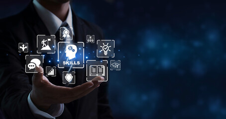 Skills concept. Businessman with icon of skills,responsibility HR human development resources, creativity,EQ, Problem solving, persuasion, collaboration, adaptability.Work performance.