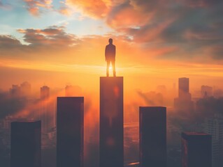 Obraz premium A silhouette of a man standing on a tall pillar overlooking a cityscape at sunrise, symbolizing achievement, ambition, and success