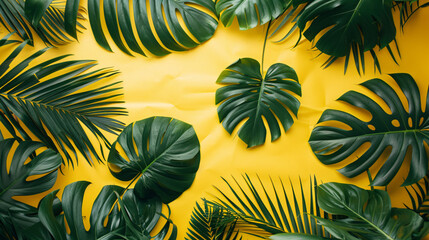 Fresh tropical palm leaves on color background