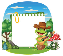Cartoon frog with guitar under a notepad banner