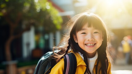 Asian schoolgirl girl with backpack smiling