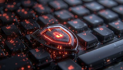 a lock in the shape of a shield that sits atop a laptop keyboard, Generate AI.