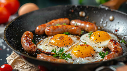 Frying pan with fried quail eggs and sausages closeup