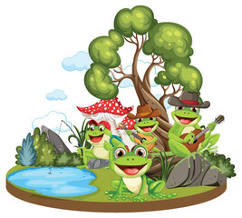 Cartoon frogs playing music and fishing outdoors