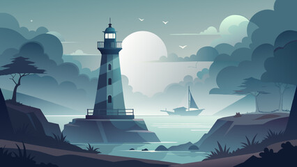 Serene Coastal Scene with Lighthouse and Sailing Boat at Sunset