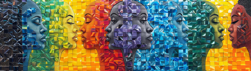 Global cultural faces in LGBTQ colors, tiny tile mosaic, vibrant background design