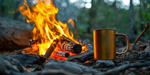 Creative lifestyle photo of matte metal coffee mug by campfire outdoors. Concept Outdoor Photoshoot, Matte Metal Coffee Mug, Campfire, Creative Lifestyle, Nature Background