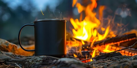 Captivating Lifestyle Image of Matte Metal Coffee Mug Being Used Outdoors by a Campfire. Concept Outdoor Lifestyle Photography, Camping Theme, Mug Product Shot, Matte Metal Finish, Campfire Setting