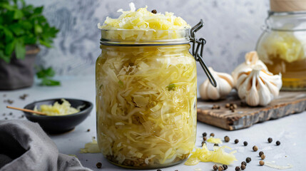 Glass jar with tasty sauerkraut on light background --