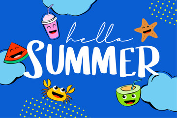 Hello summer camp poster design with fun cartoon characters.
