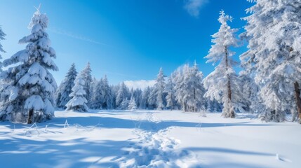 Fototapeta premium A winter wonderland of snow-covered trees and a snow-covered field.