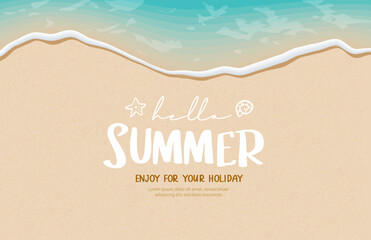 Hello summer with soft waves and foam on the sandy beach. Summer greeting card.