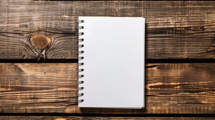 Place a blank white notebook on a wooden table