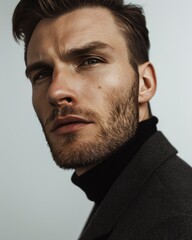 Obraz premium Close up face of handsome Caucasian man with a beard and a black sweater