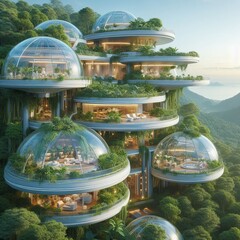 A visionary concept of a sustainable treehouse community nestled in a lush forest, featuring transparent domes and abundant greenery.. AI Generation