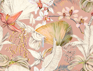 Tropical seamless pattern with palm leaves, banana flower and orchids. Wallpaper drawn in watercolor and pencil. © Арина Трапезникова