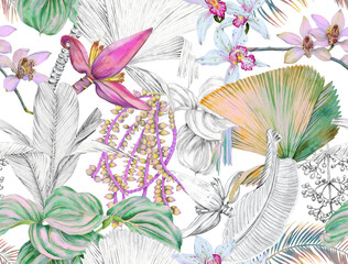 Tropical seamless pattern with palm leaves, banana flower and orchids. Wallpaper drawn in watercolor and pencil. © Арина Трапезникова