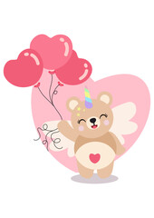 Happy unicorn teddy bear holding heart balloons
