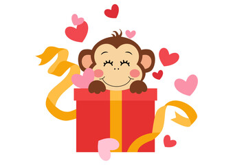 Cute monkey with gift and hearts