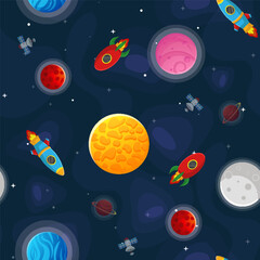 Naklejka premium Space cartoon seamless pattern. Cute design for