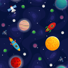 Fototapeta premium Space cartoon seamless pattern. Cute design for