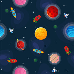 Naklejka premium Space cartoon seamless pattern. Cute design for