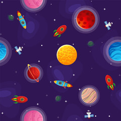 Fototapeta premium Space cartoon seamless pattern. Cute design for