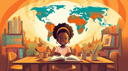 A young girl is sitting at a desk, reading a book. She is surrounded by books and school supplies. The background is a world map.