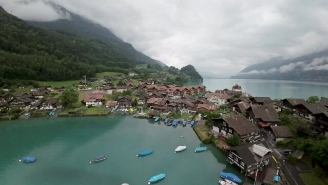 Iseltwald village at brienzersee lake - Aerial 4K
