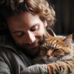 A young man is hugging an orange cat. The cat is sleeping. The man has a beard and long brown hair. He is wearing a green jacket.