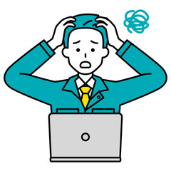 困っているノートパソコンで仕事をしている作業着の男性