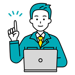 アイデアをひらめくノートパソコンで仕事をしている作業着の男性