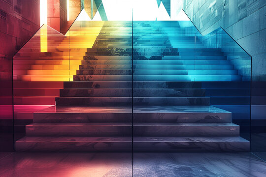 Architectural school staircases in assorted cool colors, captured from a student's perspective.