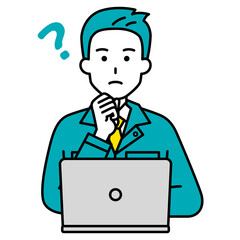 アイデアを考えるノートパソコンで仕事をする作業着の男性