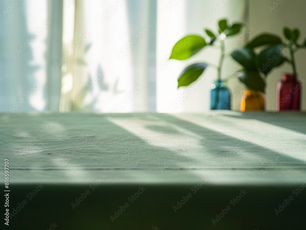 Poster Serene Daylight Envelopes Soft Green Fabric Table with Eco-Friendly Decor in Blurred Background for Tranquil Setting